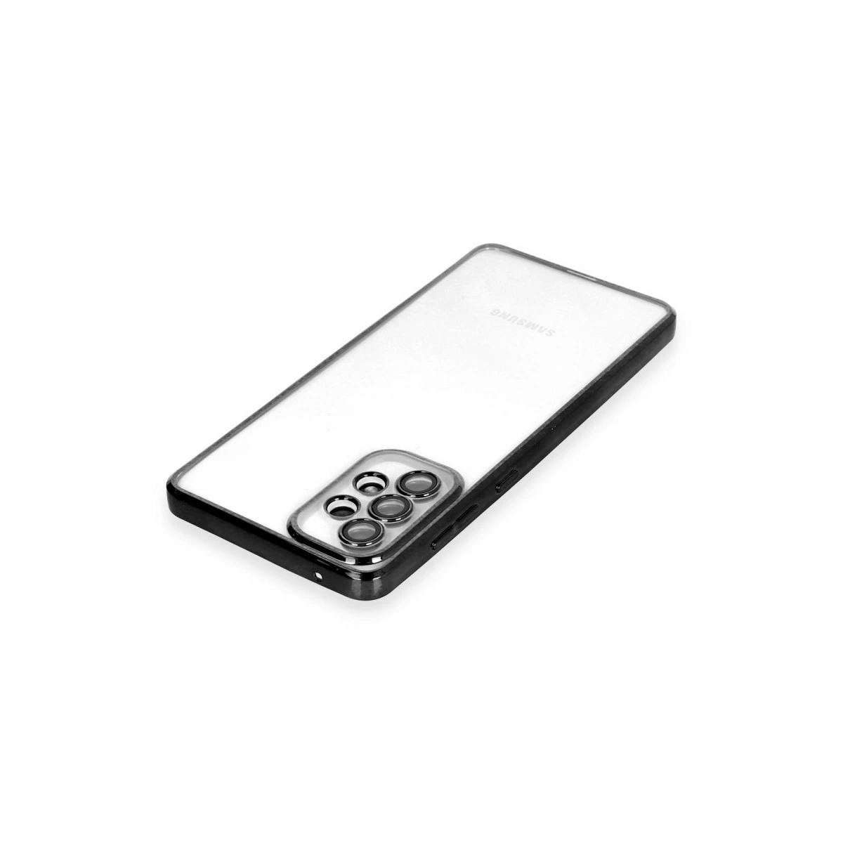 Siyah kenarlı şeffaf telefon kılıfı ve kamera modülü.