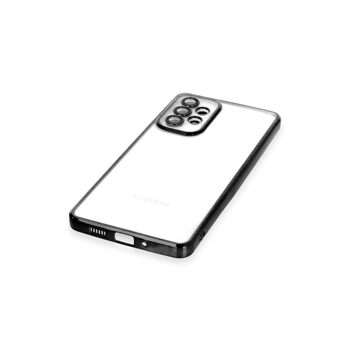 Siyah çerçeveli ve kamera modüllü şeffaf telefon kılıfı.
