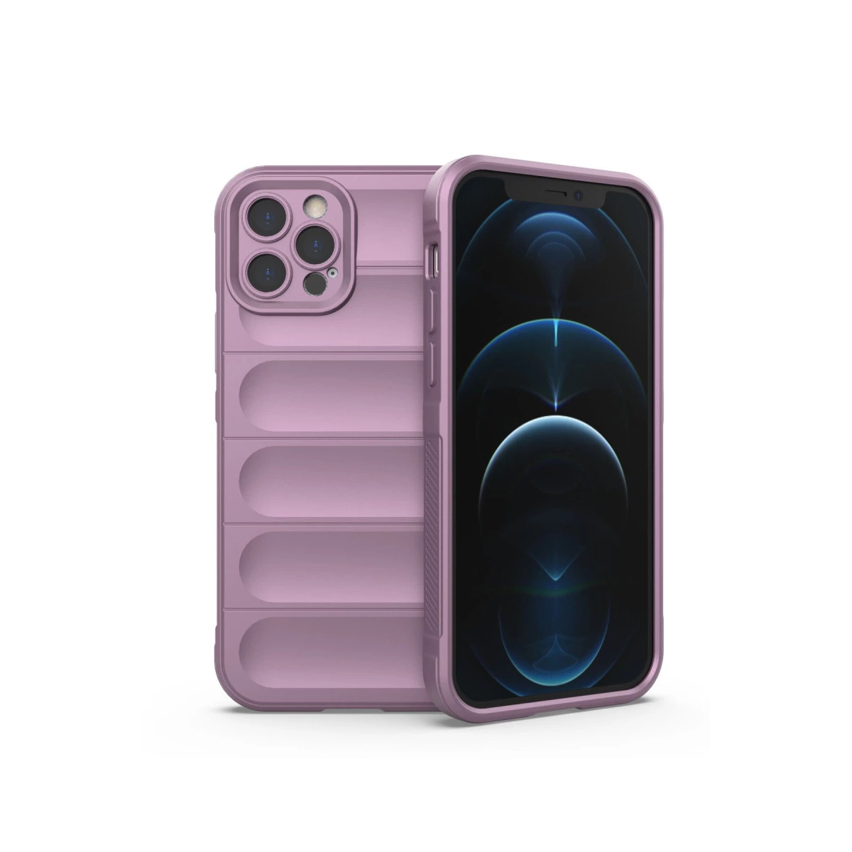 Dört kameralı arka yüzü olan mor iPhone ve kılıfı.