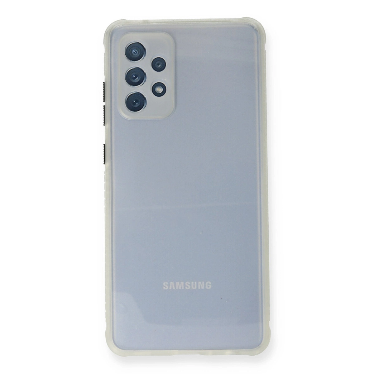 Samsung telefon, şeffaf kılıfta, kamera dizilimi görünüyor.