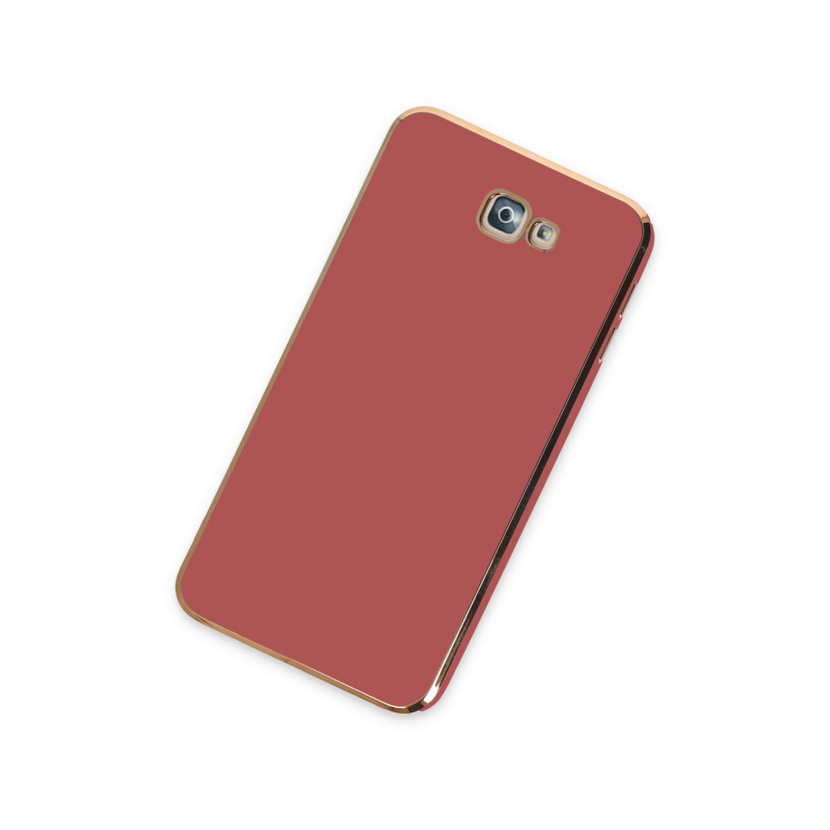 Altın kenarlı kırmızı telefon kılıfı, beyaz zeminde.