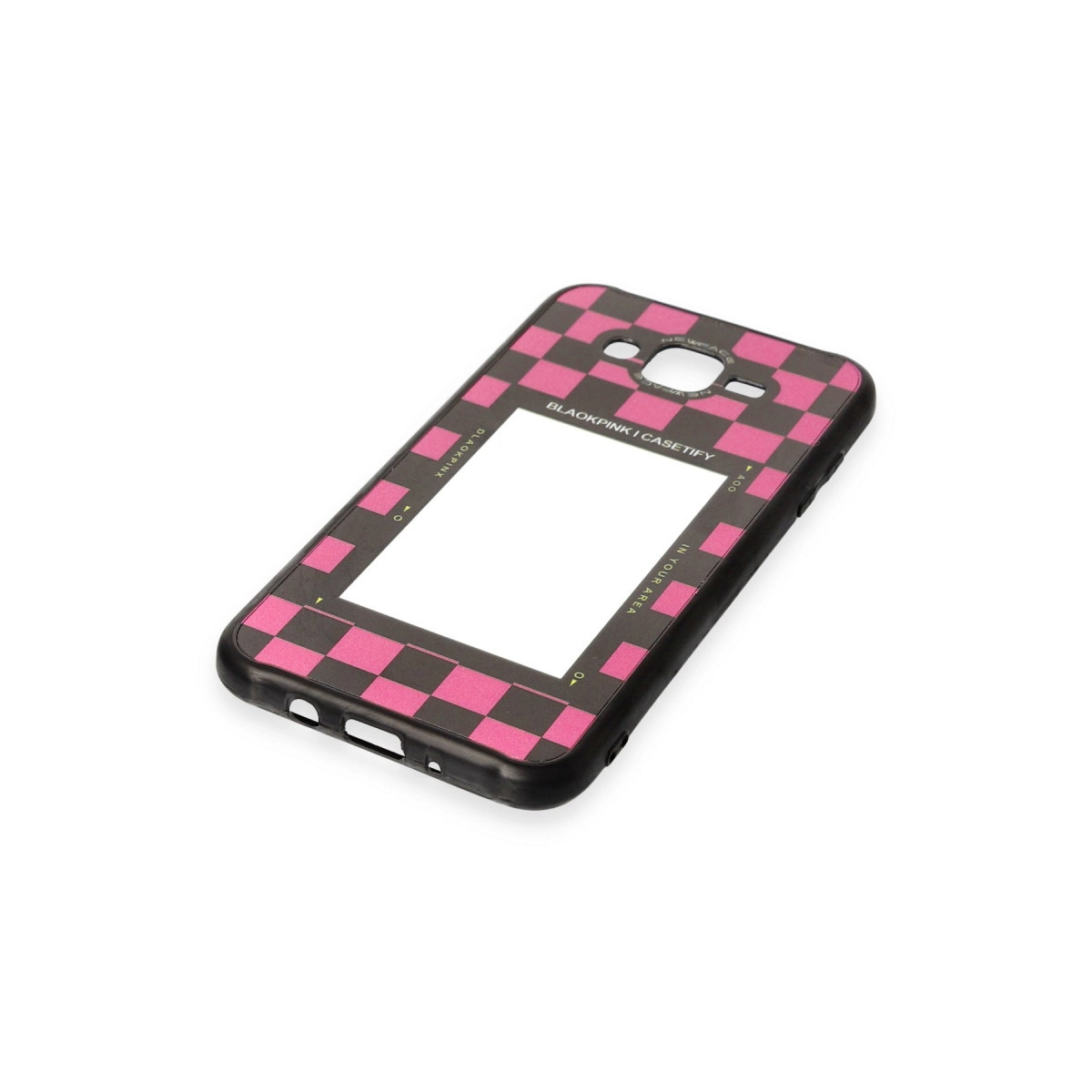 Pembe damalı ve beyaz çerçeveli siyah telefon kılıfı.