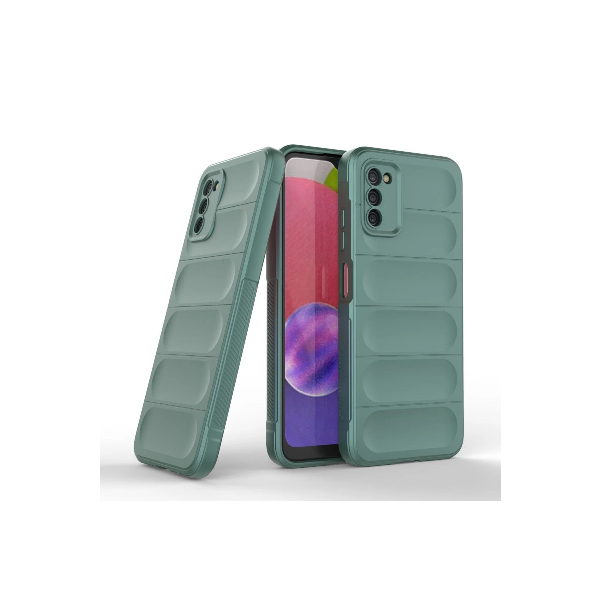 Yastıklı tasarımlı iki yeşil telefon kılıfı. Biri ekranda, diğeri yanında duruyor.