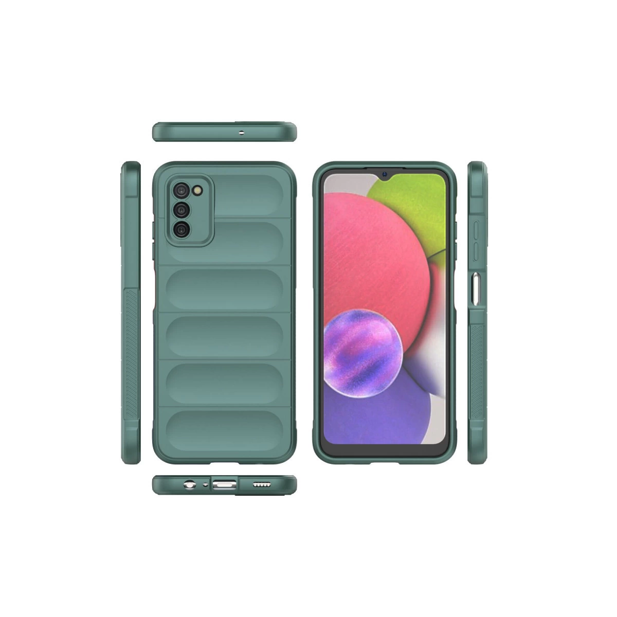 Kanallı desenli yeşil telefon kılıfı ve telefon ekranı.
