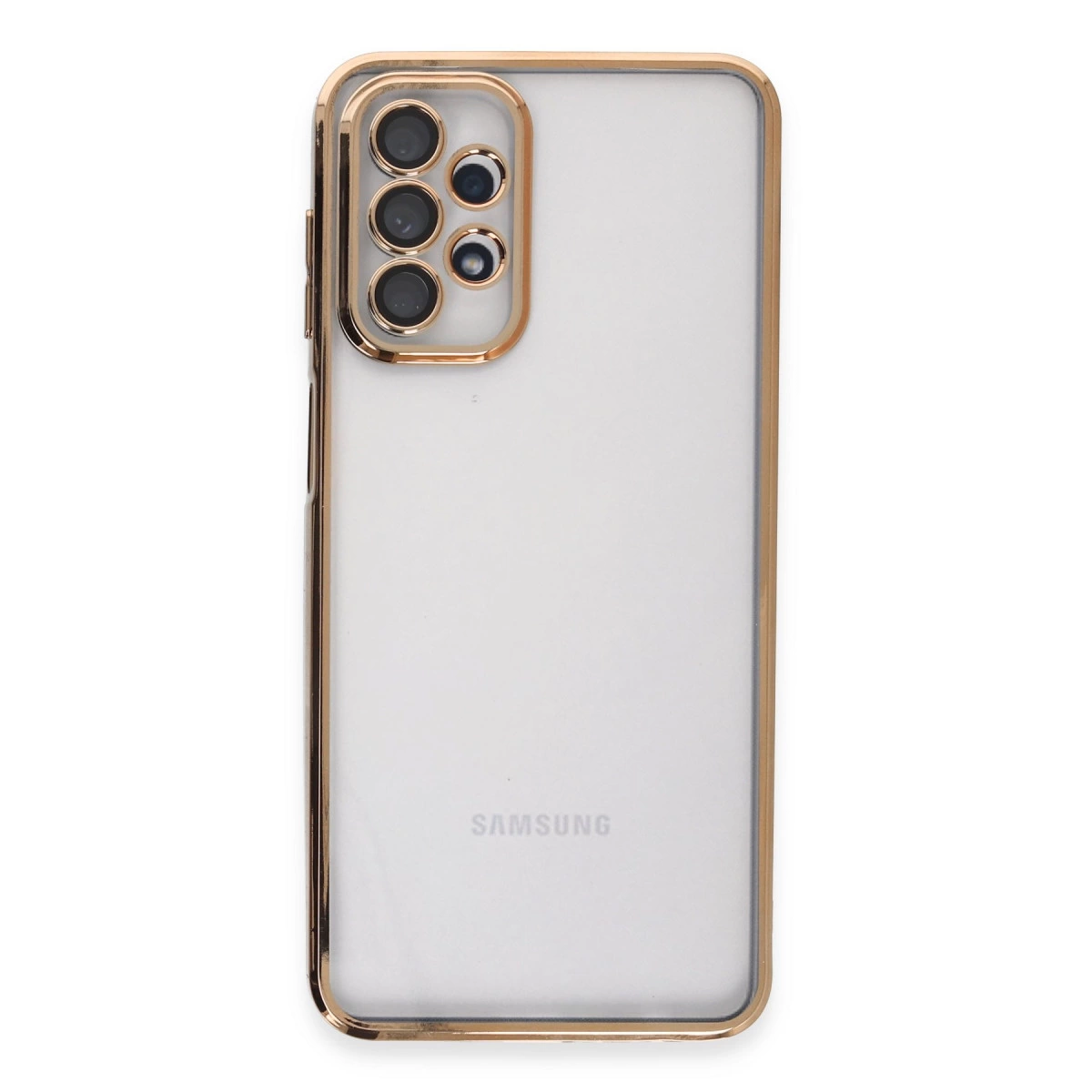 Altın kenarlı ve kamera kesimli şeffaf telefon kılıfı.