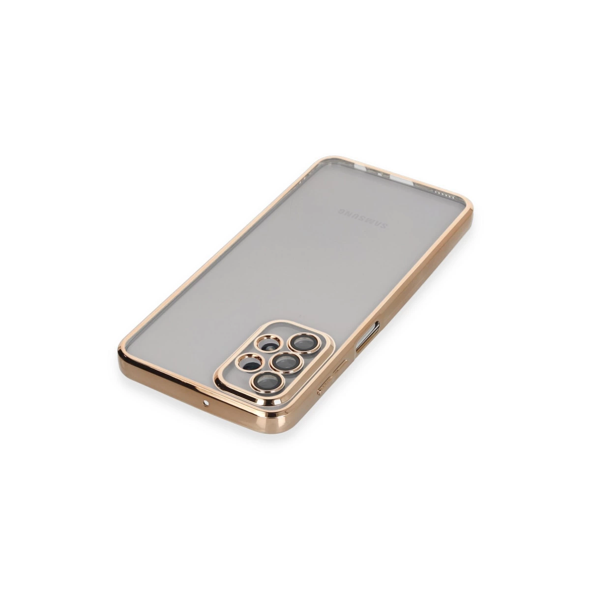 Altın kenarlı ve kamera çerçeveli şeffaf telefon kılıfı.
