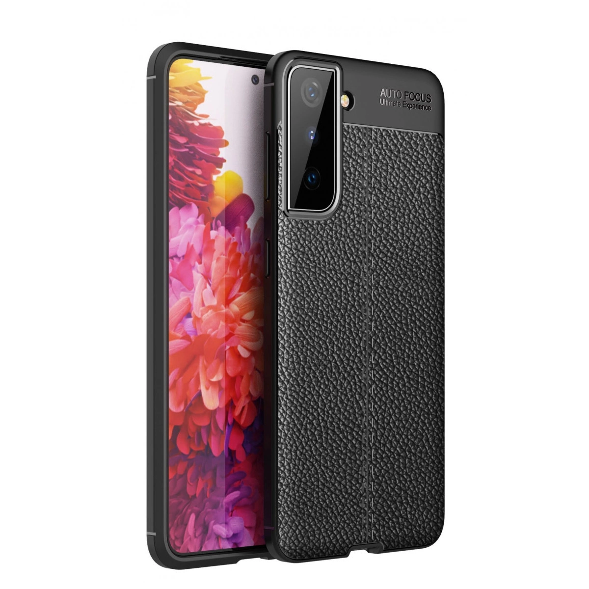 Siyah, dokulu deri telefon kılıfı ve kamerası. Parlak arka plan.