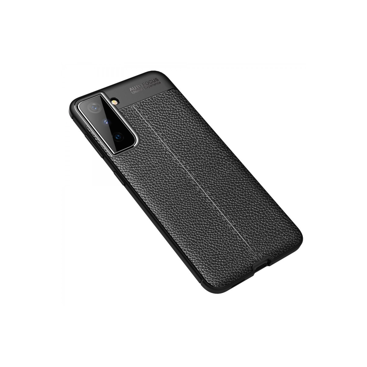 Deri dokulu ve kamera kesimli siyah akıllı telefon kılıfı.