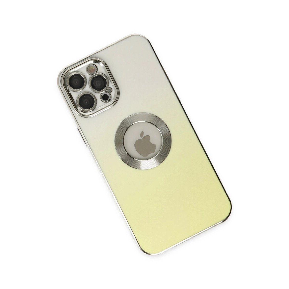 Kameralı ve Apple logolu açık sarı iPhone'un arkası.