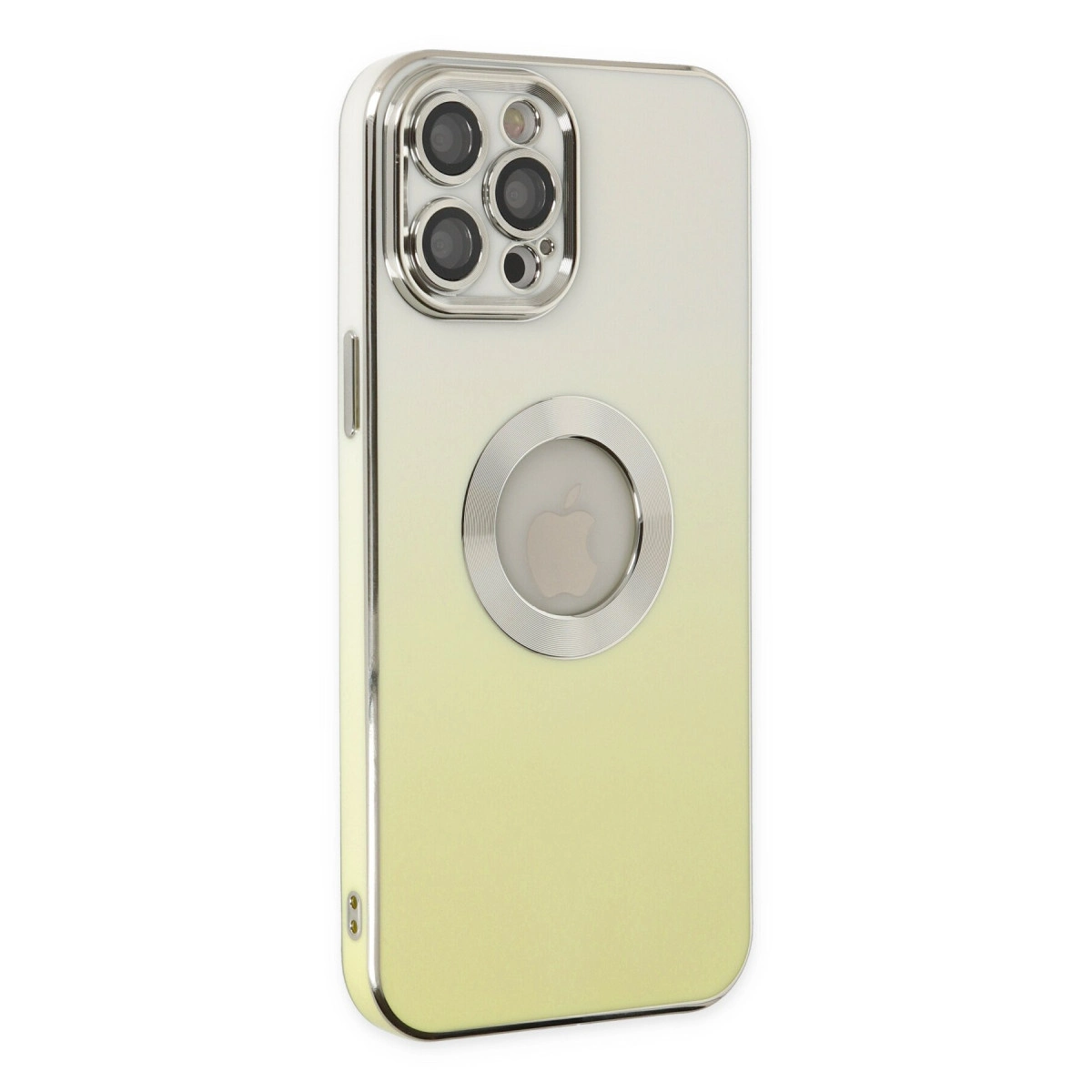 Ortasında Apple logosu ve dört kamerası olan iPhone kılıfı.