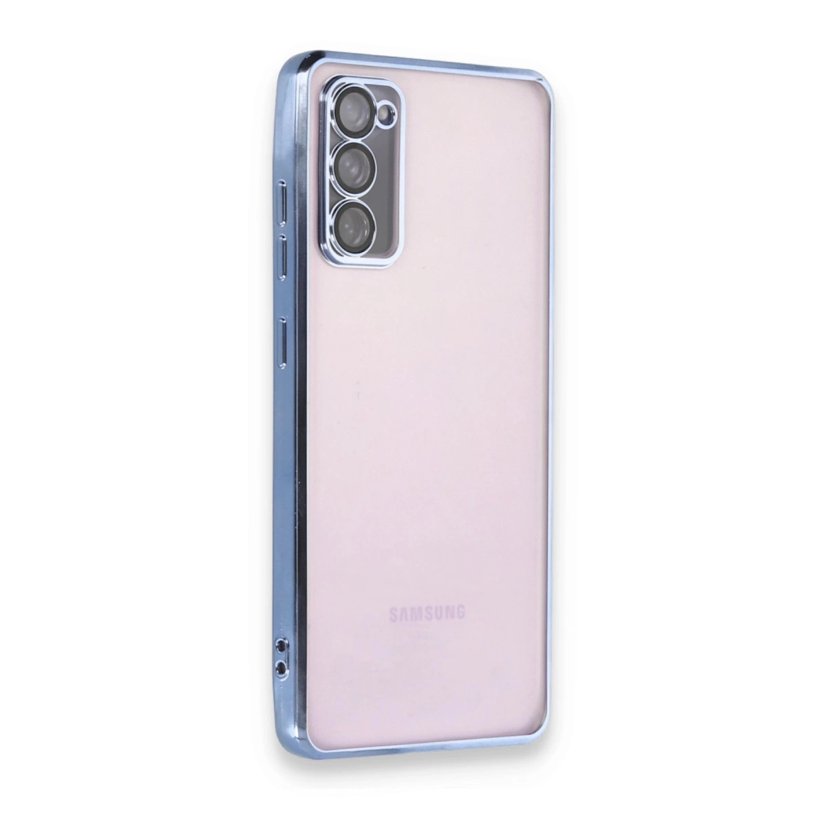 Üç kameralı, gümüş kenarlı pembe Samsung akıllı telefon.