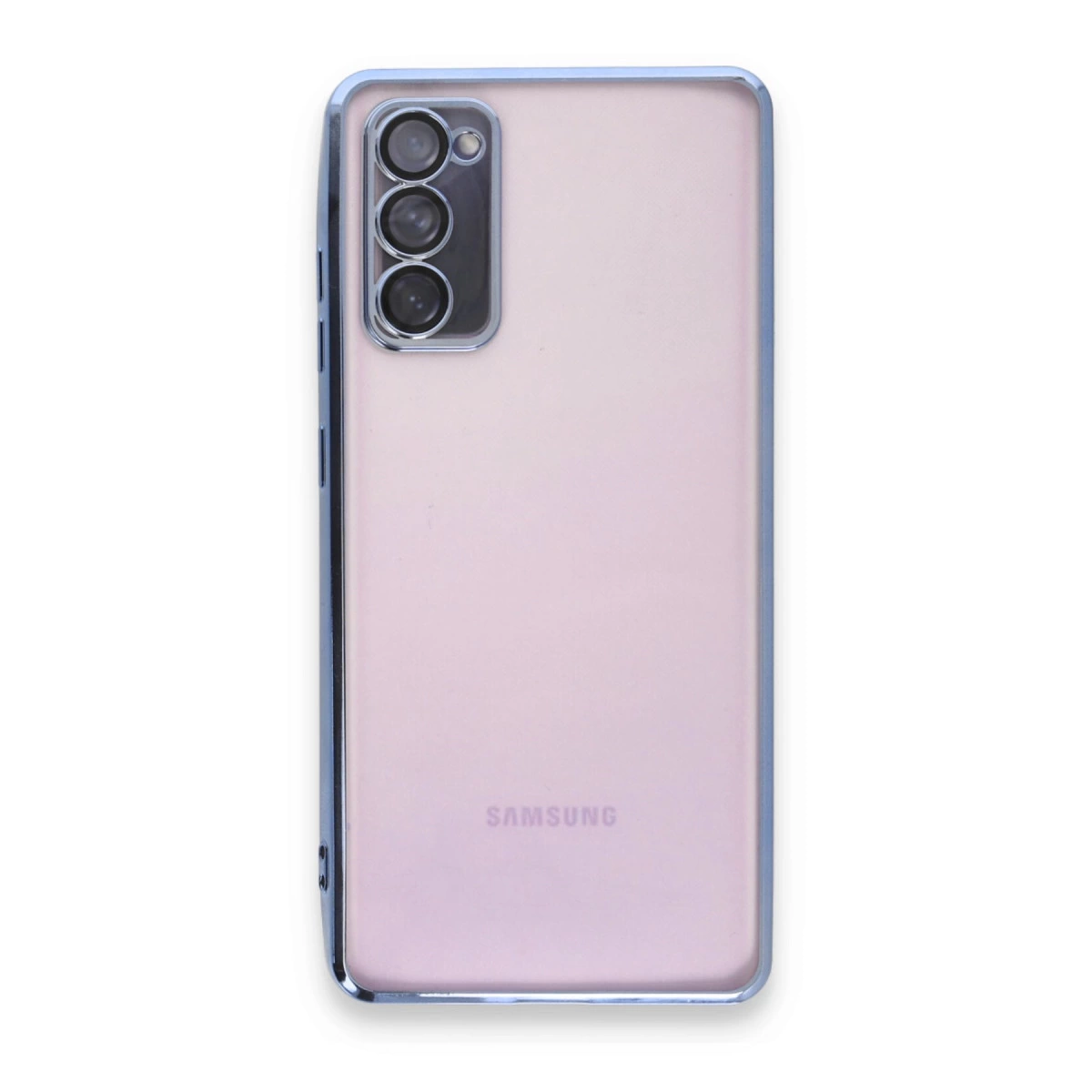 Üç kameralı, gümüş çerçeveli pembe Samsung telefonun arka yüzü.