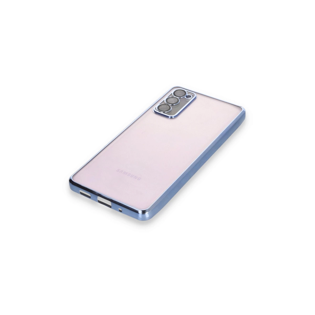 Mavi kenarla çevrelenmiş, arkasında üç kamera bulunan pembe bir Samsung telefon.