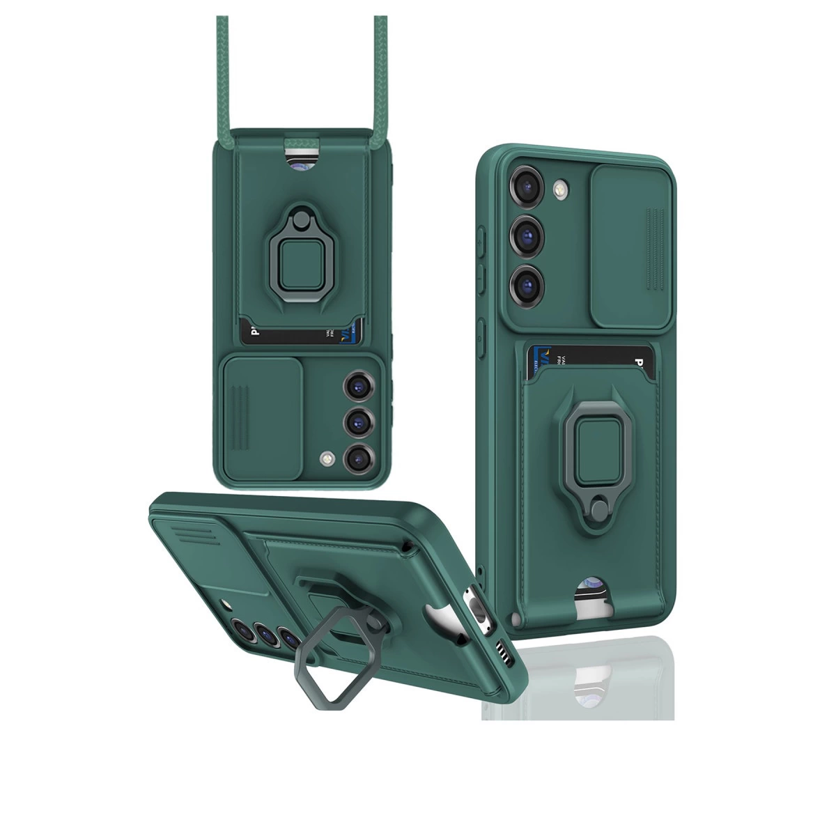 Kart yuvalı, halka tutuculu ve kamera kapaklı yeşil telefon kılıfı.