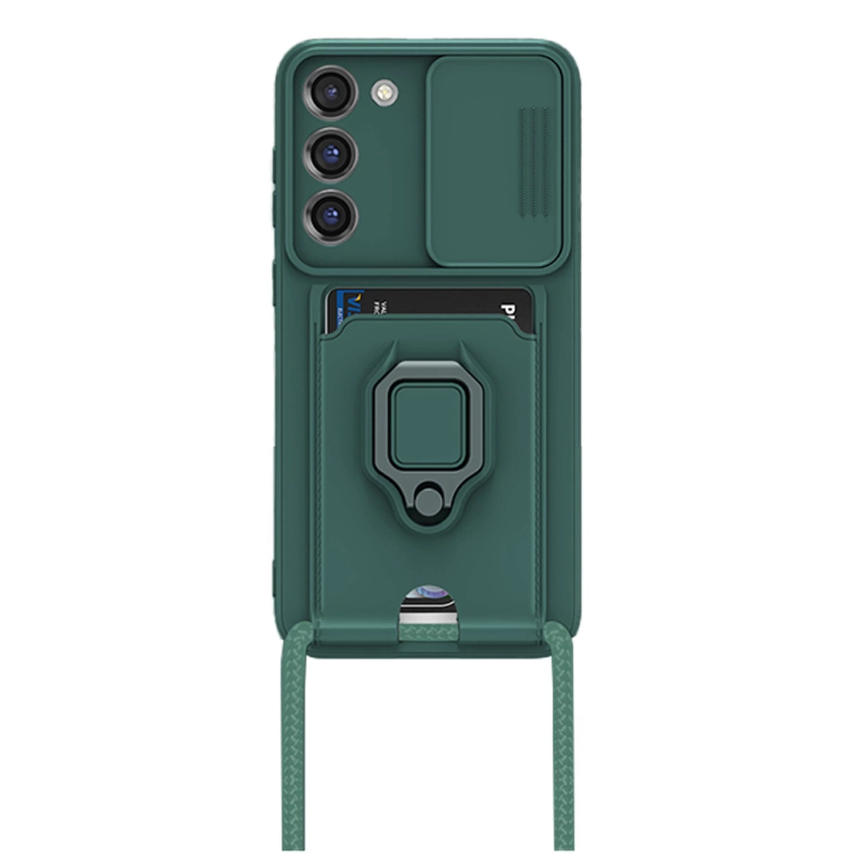Kamera sürgülü, kartlıklı, halkalı ve askılı yeşil telefon kılıfı.