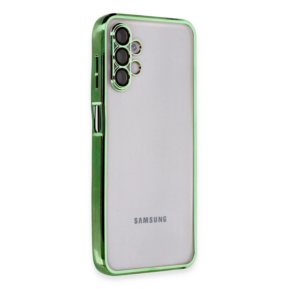 Yeşil kenarlı ve kamera kesimli şeffaf telefon kılıfı.