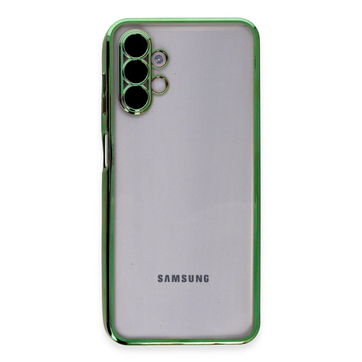 Üç kameralı, yeşil kenarlıklı şeffaf Samsung telefonun arkası.