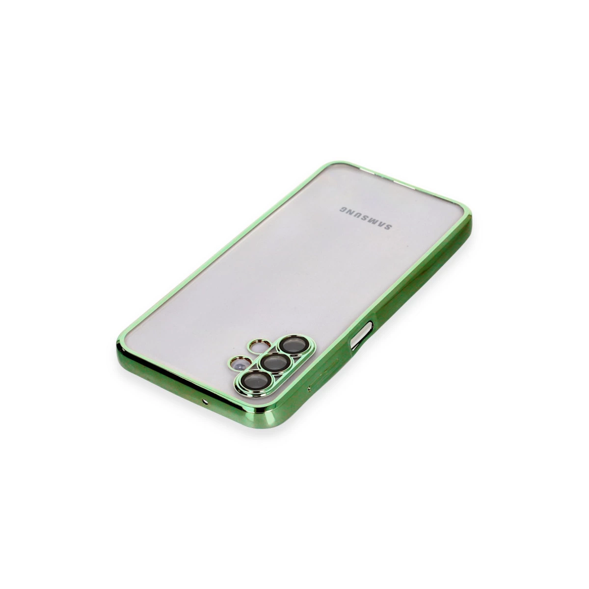 Yeşil kenarlıklı şeffaf telefon kılıfı beyaz zeminde duruyor.