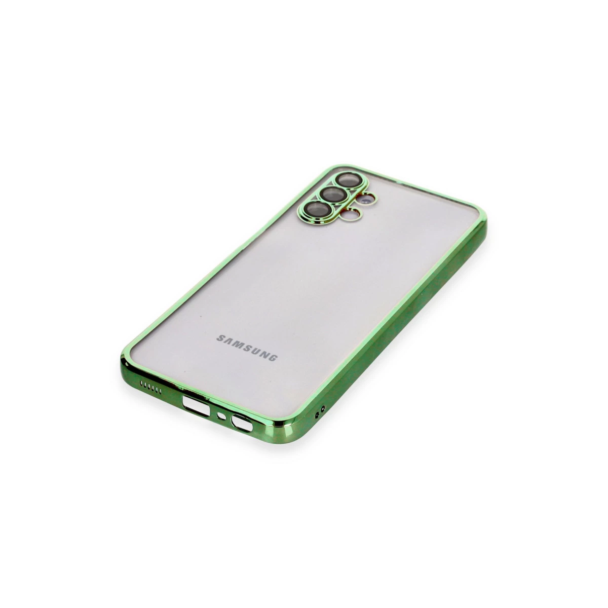 Yeşil kenarlı ve kamera kapaklı şeffaf telefon kılıfı.