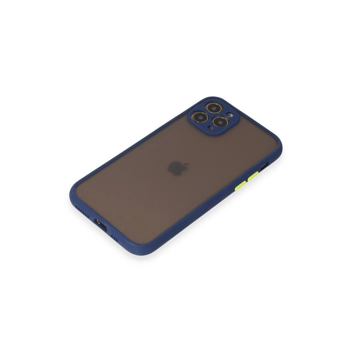 Mavi kenarlı ve sarı düğmeli koyu kahverengi iPhone kılıfı.