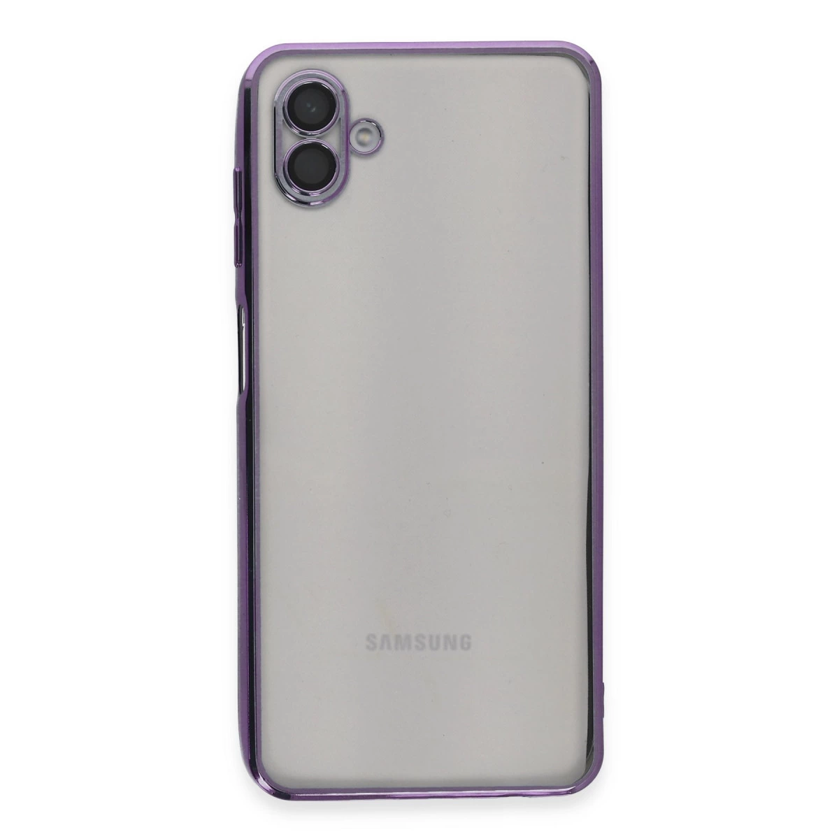 Mor çerçeveli, iki kameralı şeffaf Samsung telefonun arkası.