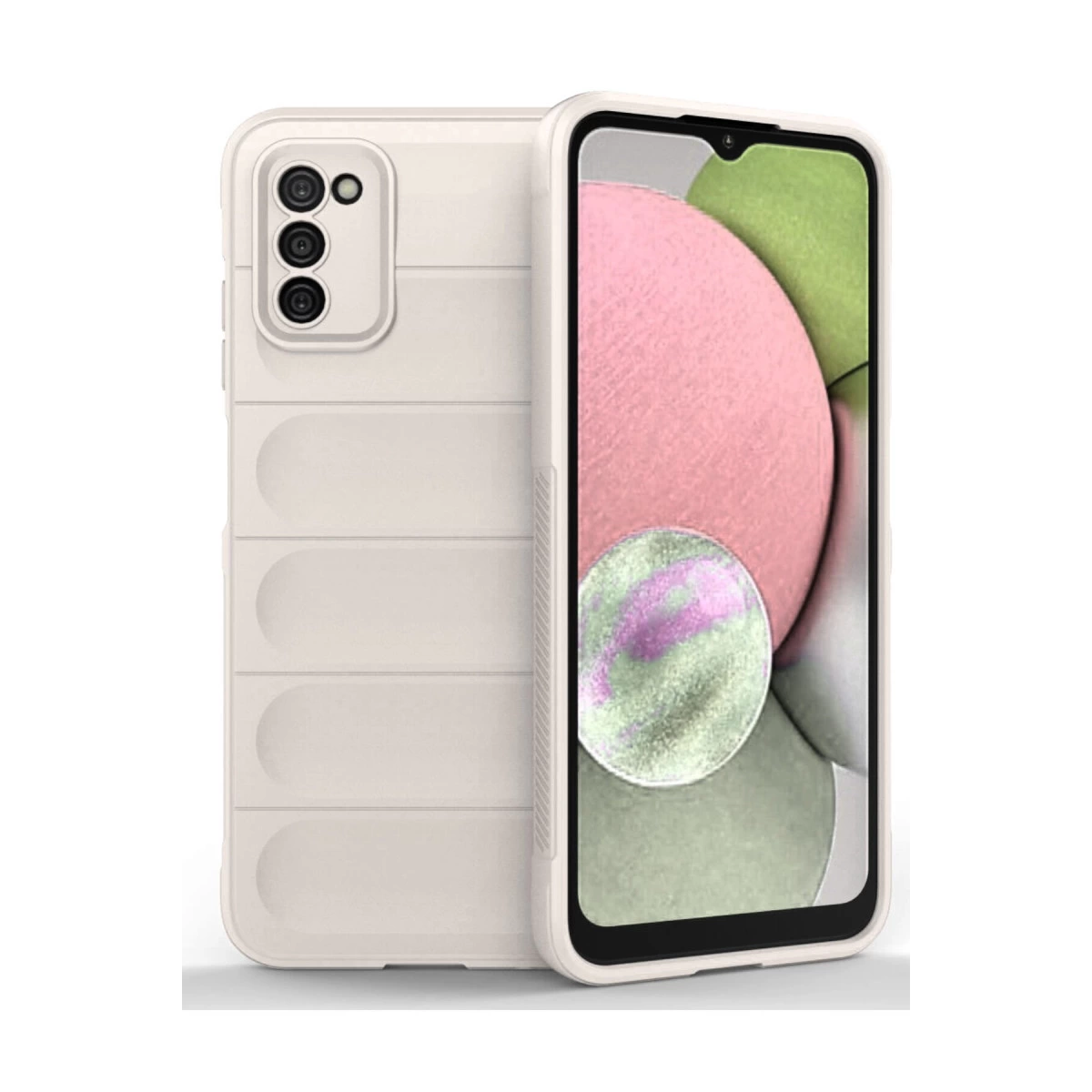 Kanallı, açık bej renkte telefon kılıfı ve renkli arka yüzlü bir akıllı telefon.