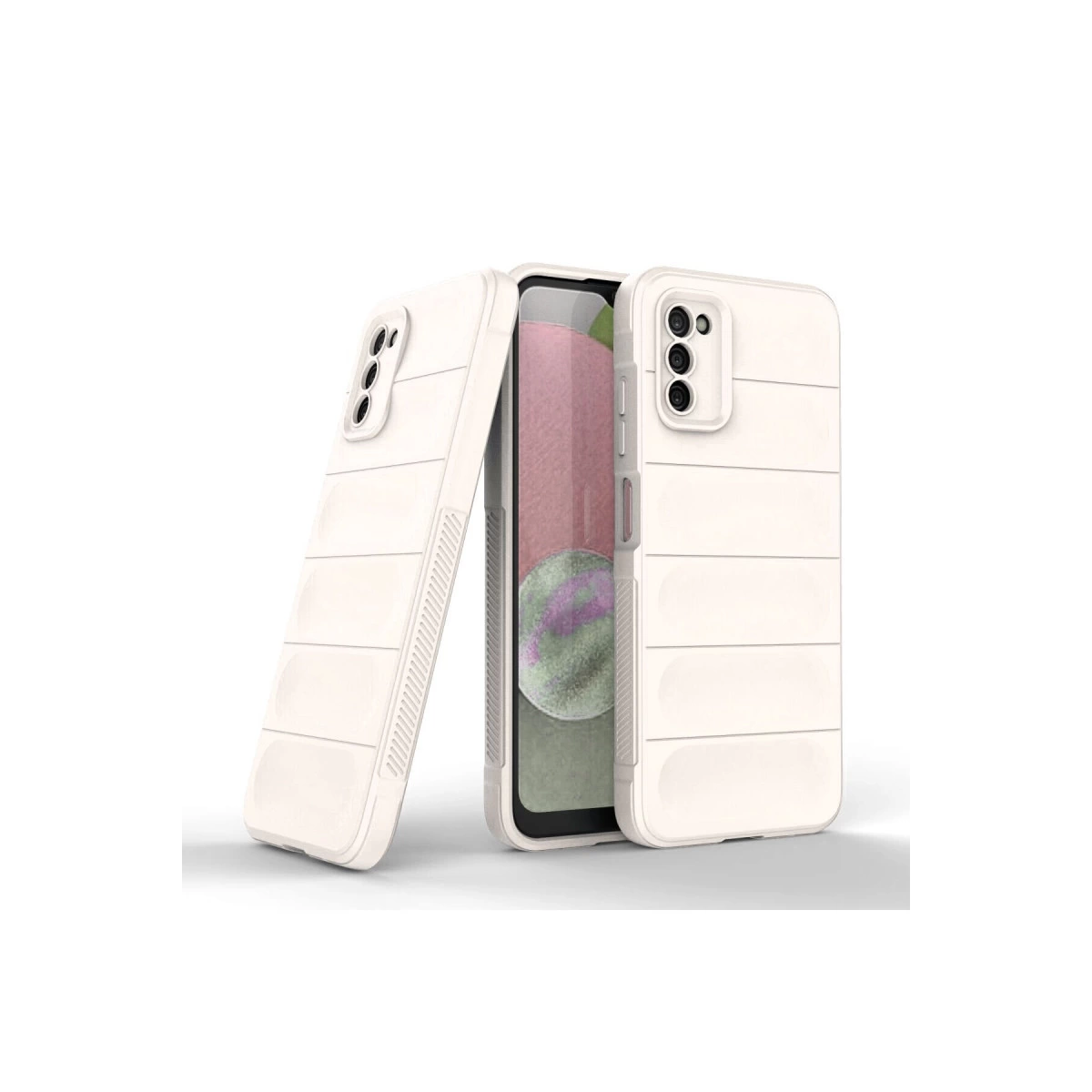Yatay çizgili iki beyaz telefon kılıfı, biri yanında, biri telefonda.