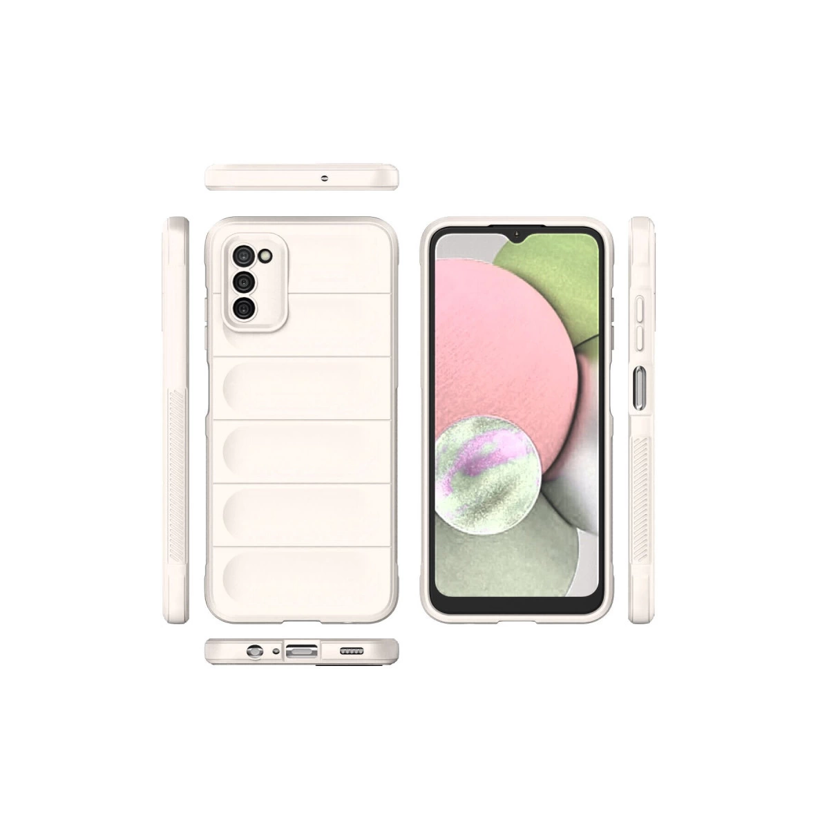 Yatay oluklu ve kamera kesimli beyaz telefon kılıfı.