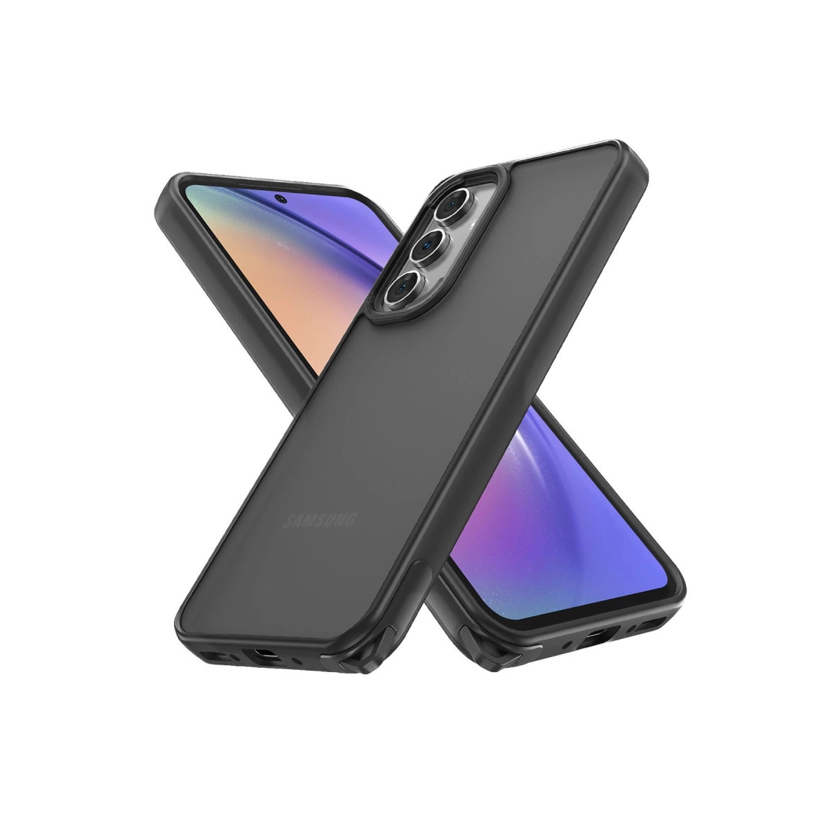 Kameralı iki siyah telefon kılıfı üst üste çaprazlanmış.