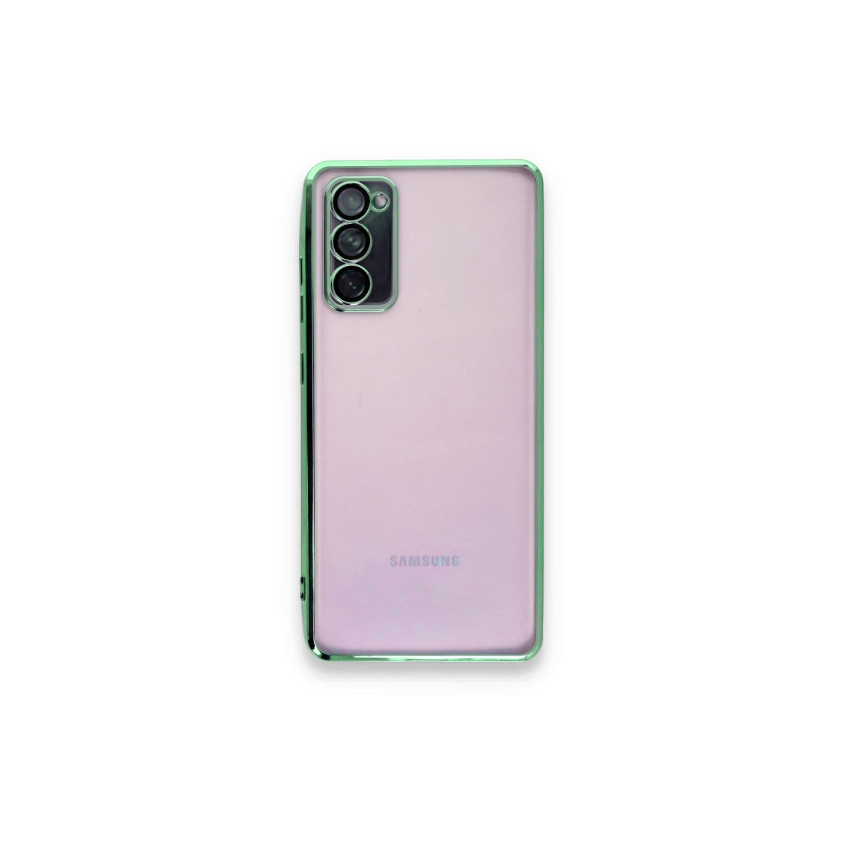 Üç kameralı ve yeşil çerçeveli pembe Samsung akıllı telefon.