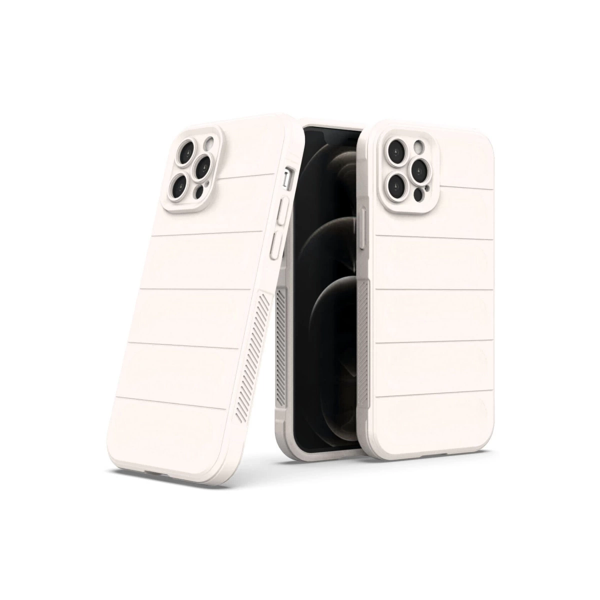 Yatay çizgili ve kamera modüllü iki beyaz iPhone kılıfı.