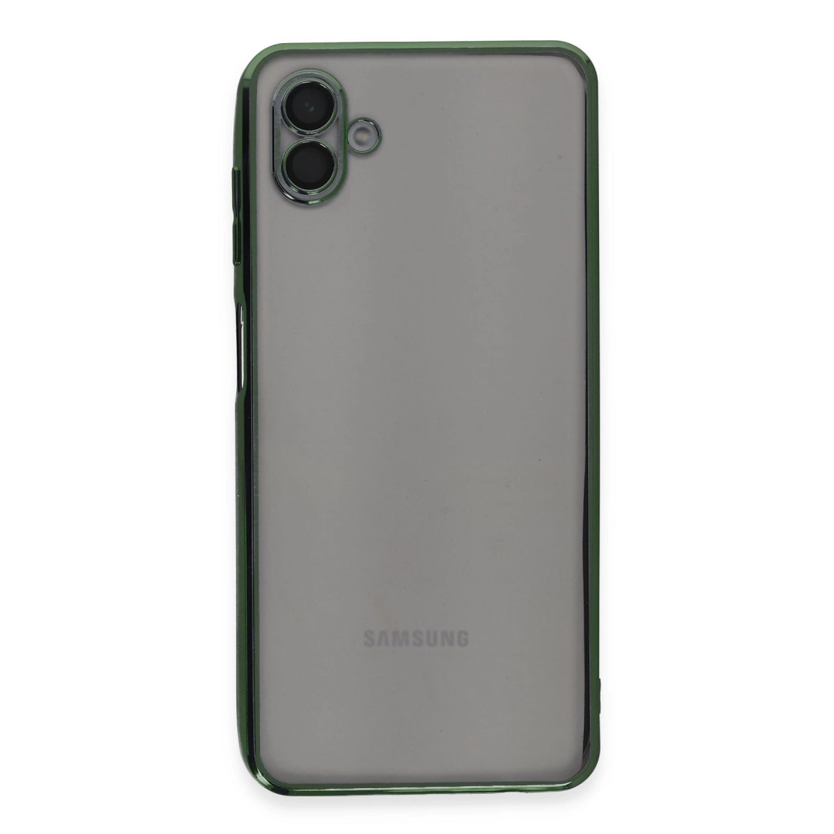 Dumanlı gri Samsung telefon, yeşil kılıflı ve arkada iki kameralı.