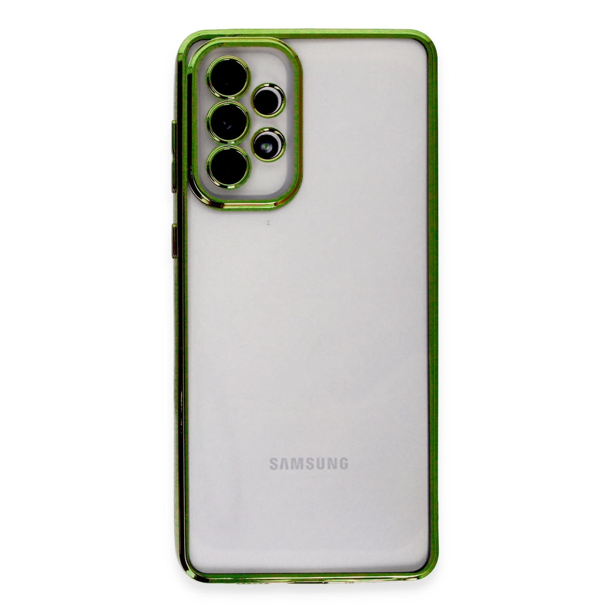 Yeşil çerçeveli ve kamera modüllü şeffaf Samsung telefonun arkası.