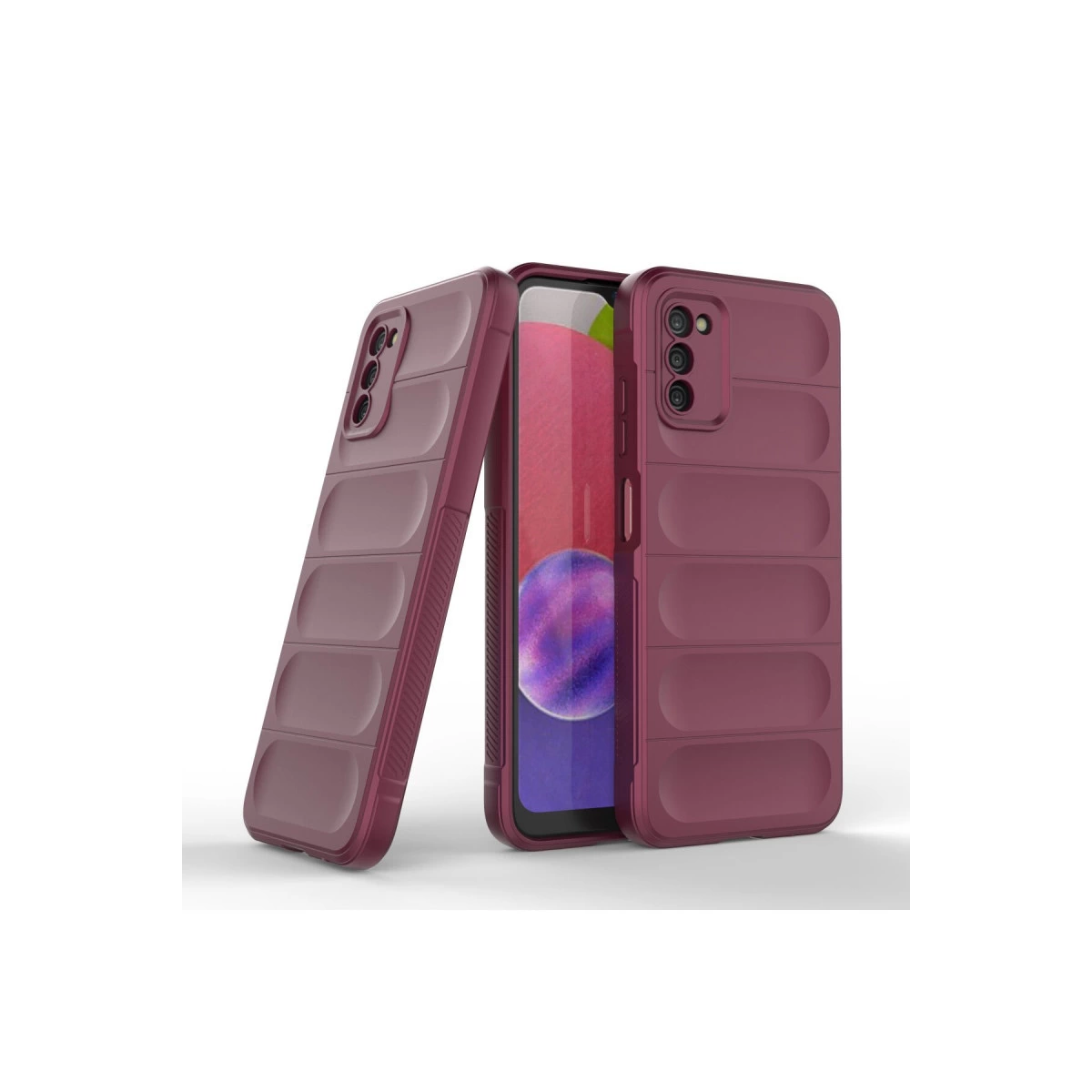 İki bordo renkli, nervürlü desenli telefon kılıfı, biri önde, biri yanında duruyor.