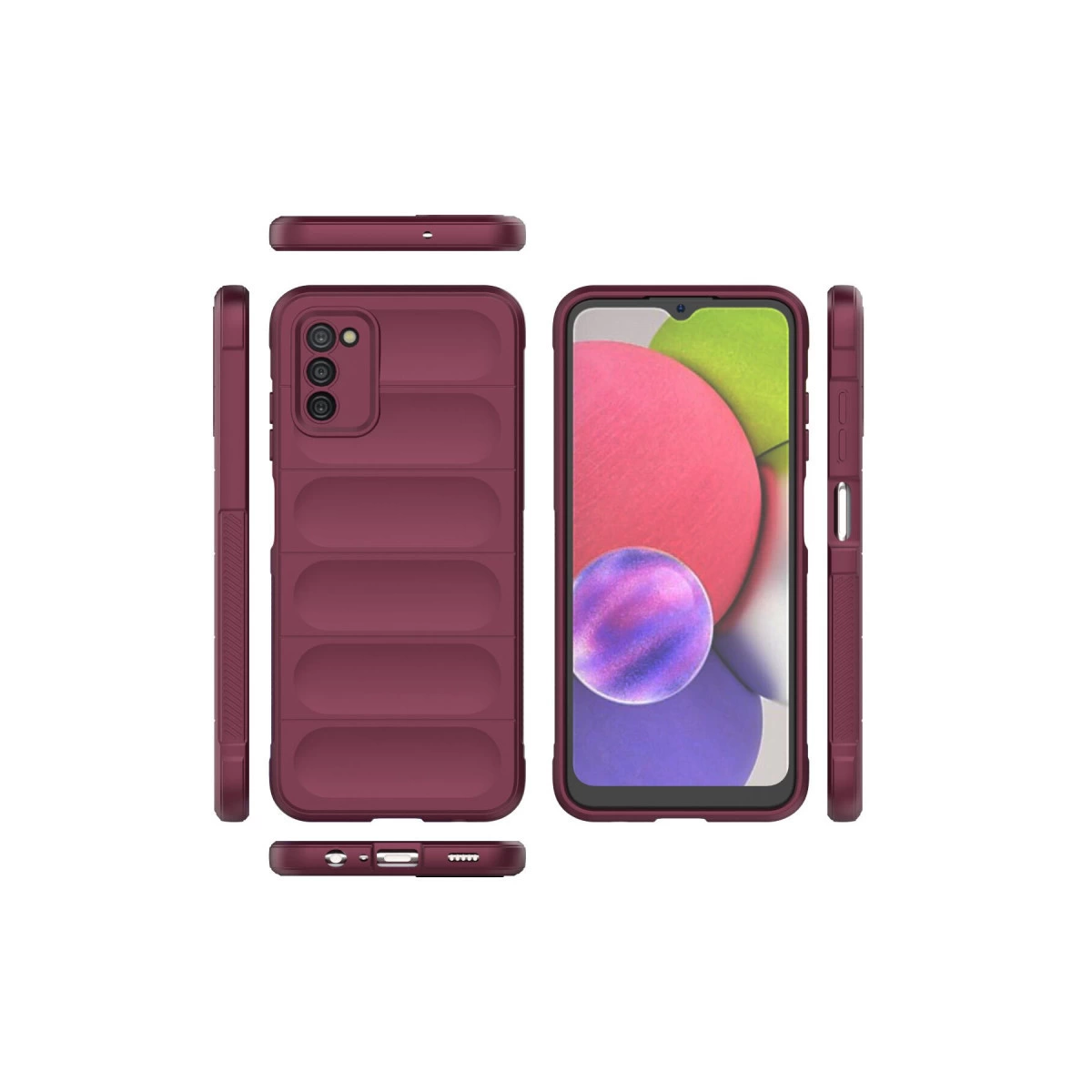 Yatay çıkıntılı bordo renkli telefon kılıfı çeşitli açılardan gösterilmektedir.