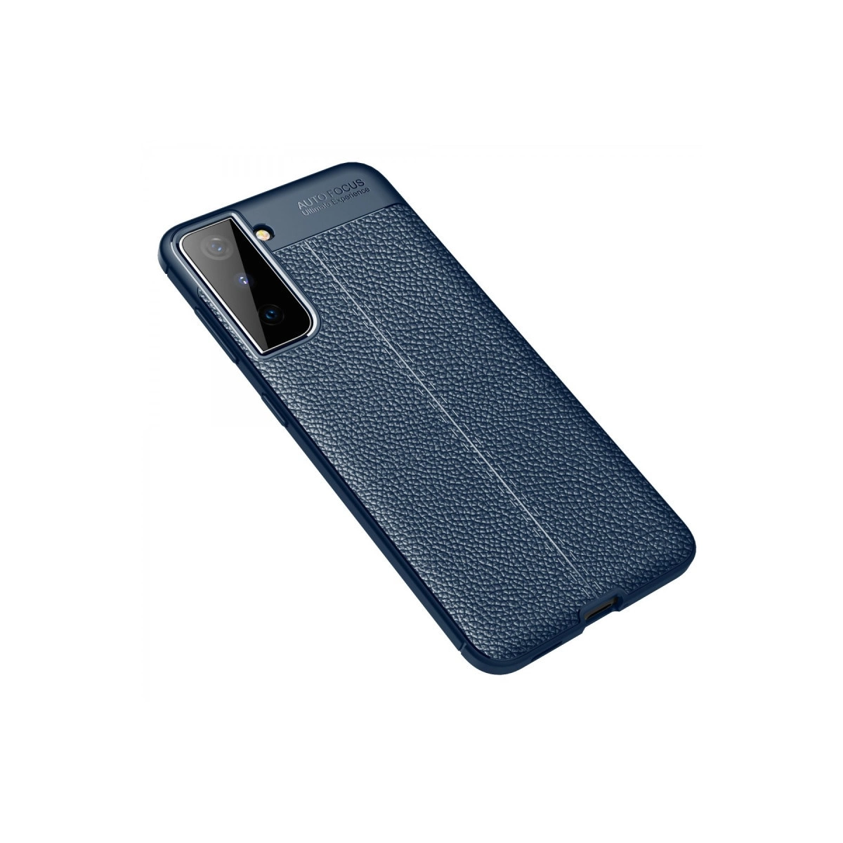 Koyu mavi, deri dokulu telefon kılıfı, görünen kamera kesiğiyle.