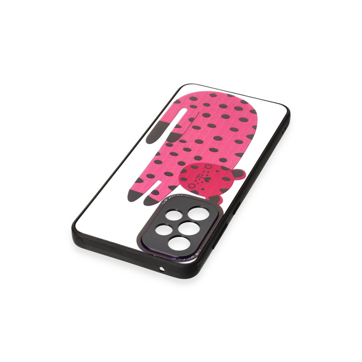 Siyah puantiyeli pembe leopar desenli, kamera kesimli telefon kılıfı.