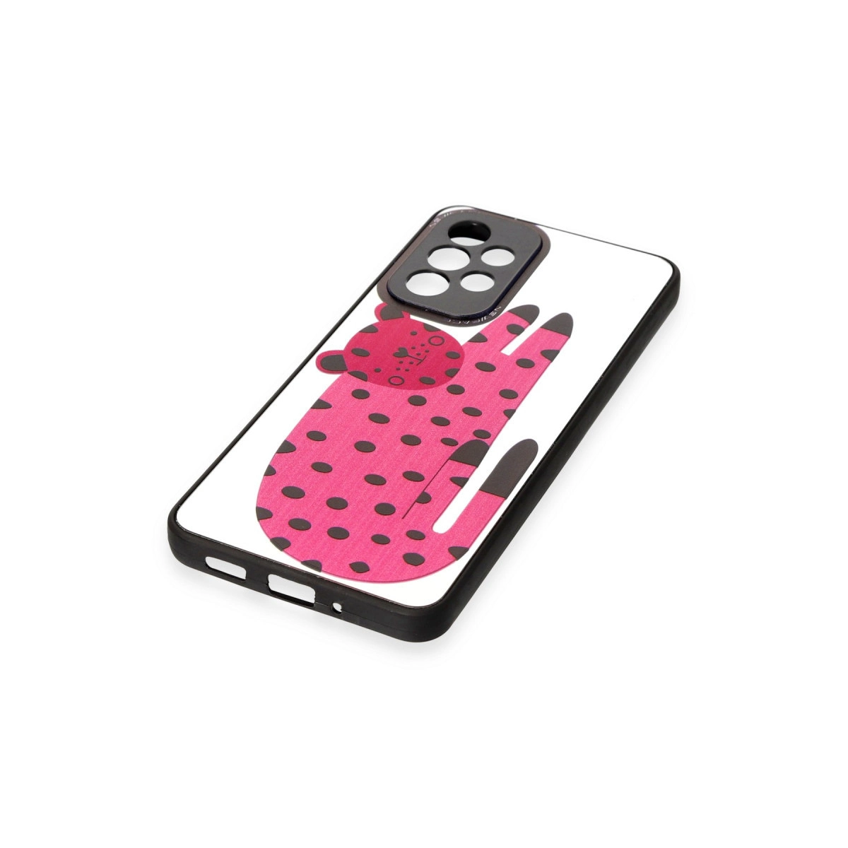 Beyaz arka plan üzerinde pembe leopar desenli telefon kılıfı.