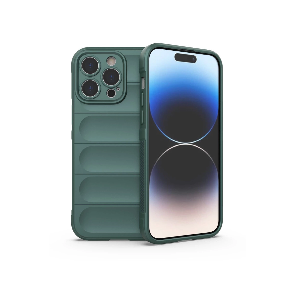 Kamera kesimli yeşil telefon kılıfı ve bir akıllı telefon.