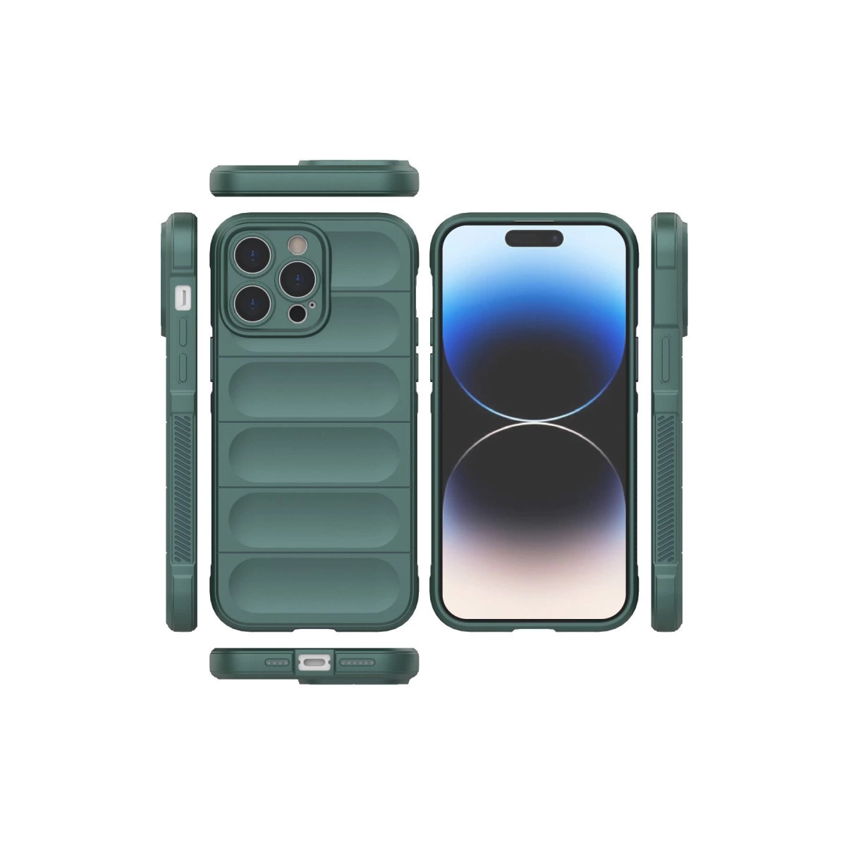 Kamera çıkıntılı yeşil dolgulu telefon kılıfı, akıllı telefonun yanında.
