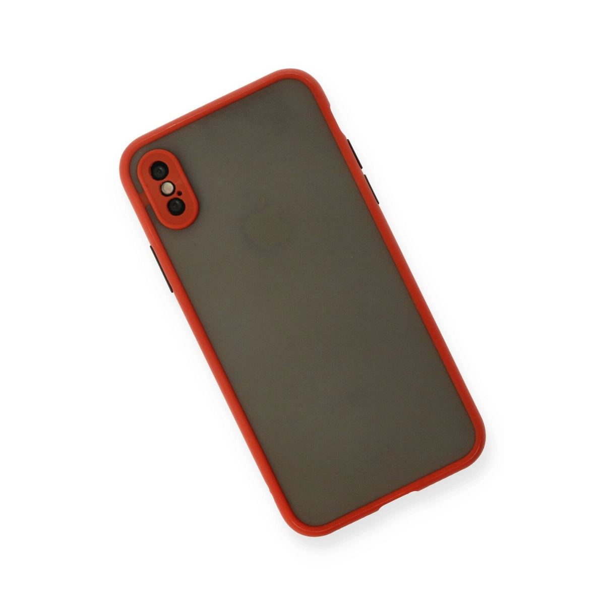 Kırmızı kenarlı gri telefon kılıfı, sol üstte kamera açıklığı.