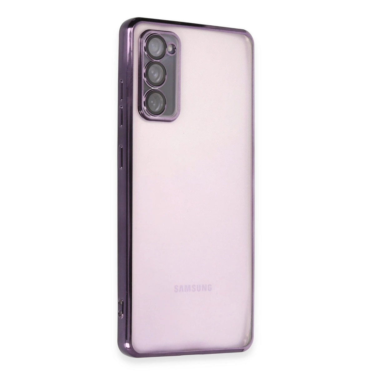 Arkada üç kamerası olan mor bir Samsung telefon.