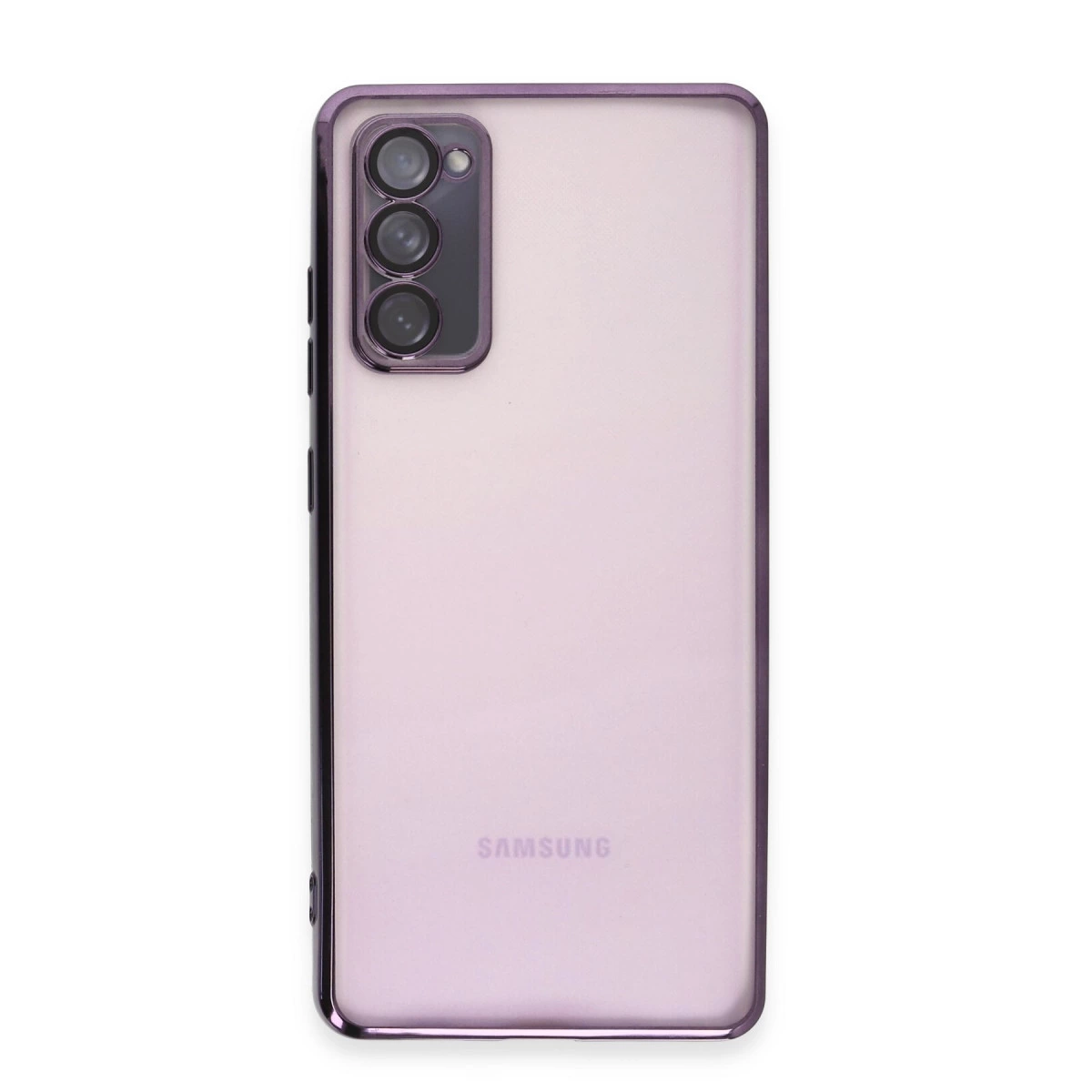 Arkada üç kamera ve Samsung logosu bulunan mor bir Samsung akıllı telefon.