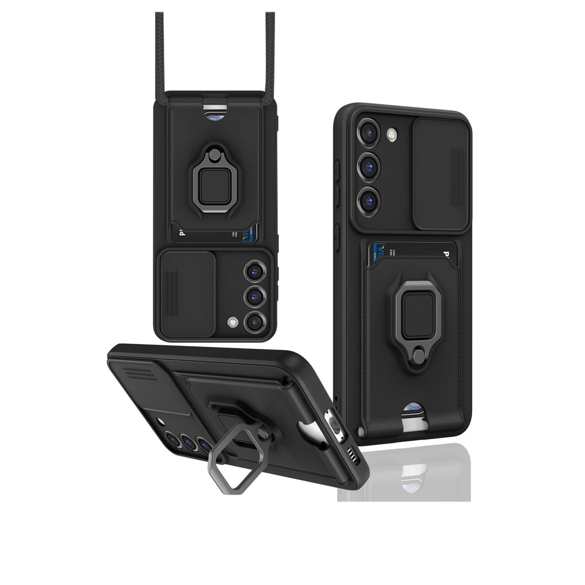 Kart tutuculu, halka tutuculu ve kayan kamera kapaklı siyah telefon kılıfı.