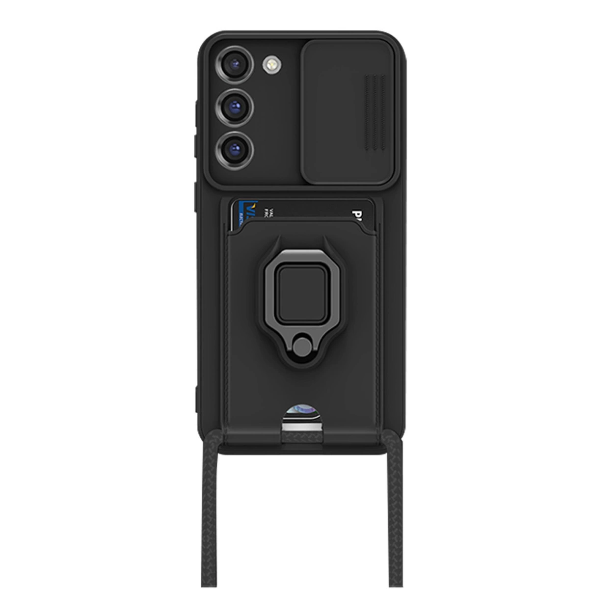 Üç kameralı, kayar kapaklı ve kart tutuculu siyah telefon kılıfı.