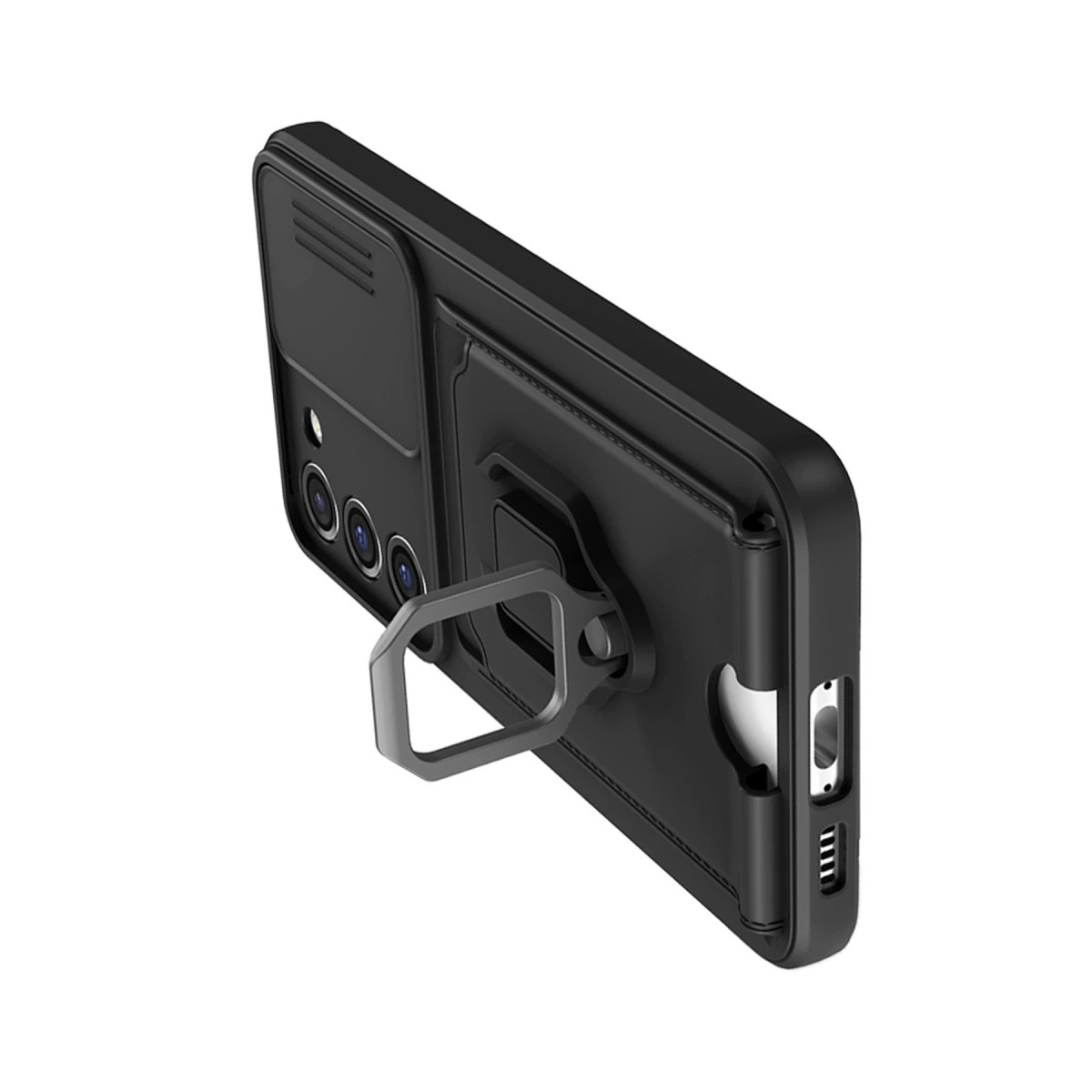 Halka tutuculu ve üçlü kamera lensli siyah telefon kılıfı.