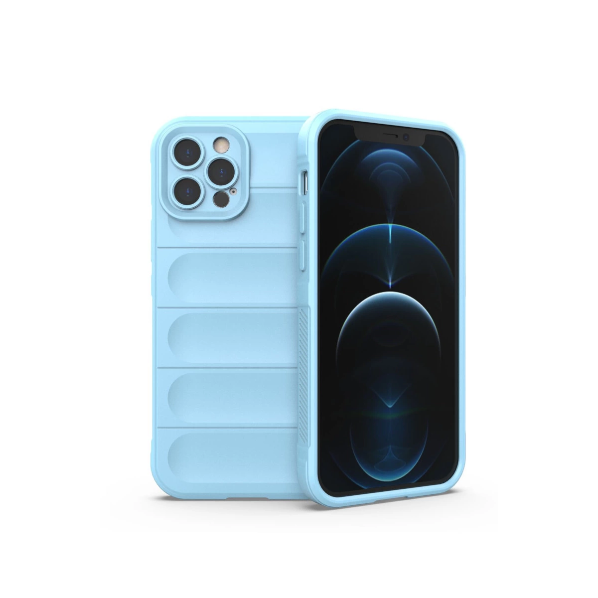 Açık mavi oluklu telefon kılıfı, akıllı telefonun yanında.