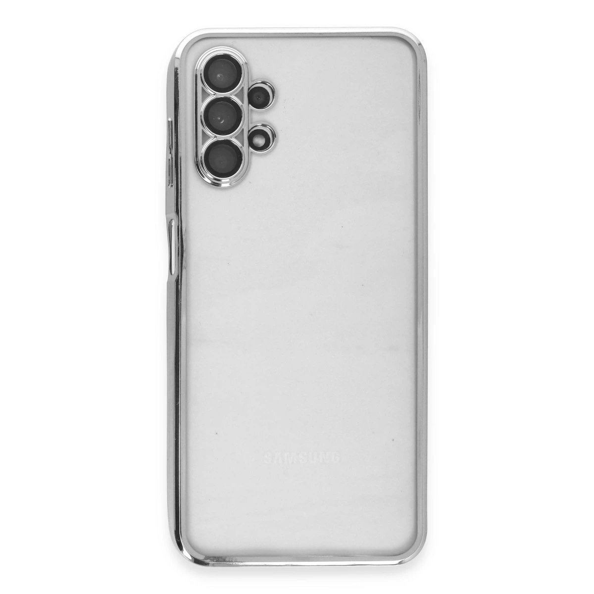 Gümüş çerçeveli ve kamera adacıklı şeffaf telefon kılıfı.