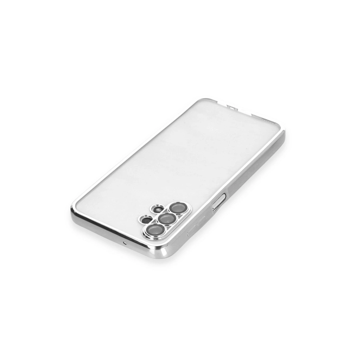 Gümüş çerçeveli şeffaf telefon kılıfı beyaz zeminde.