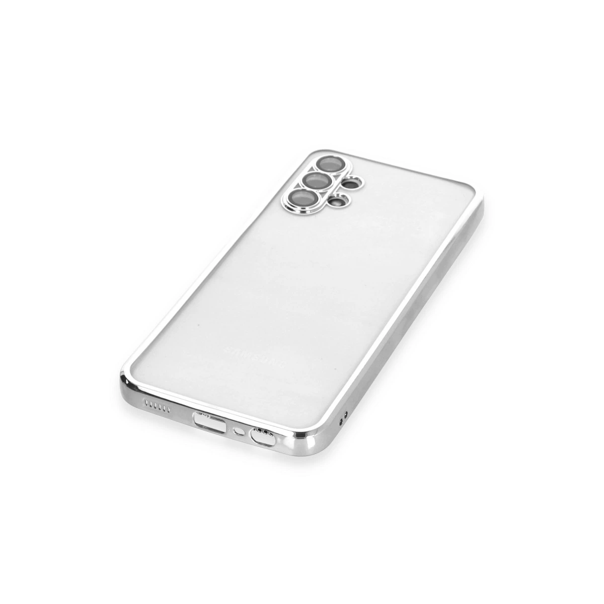 Gümüş kenarlı ve kamera kapaklı şeffaf telefon kılıfı, beyaz arka planda.